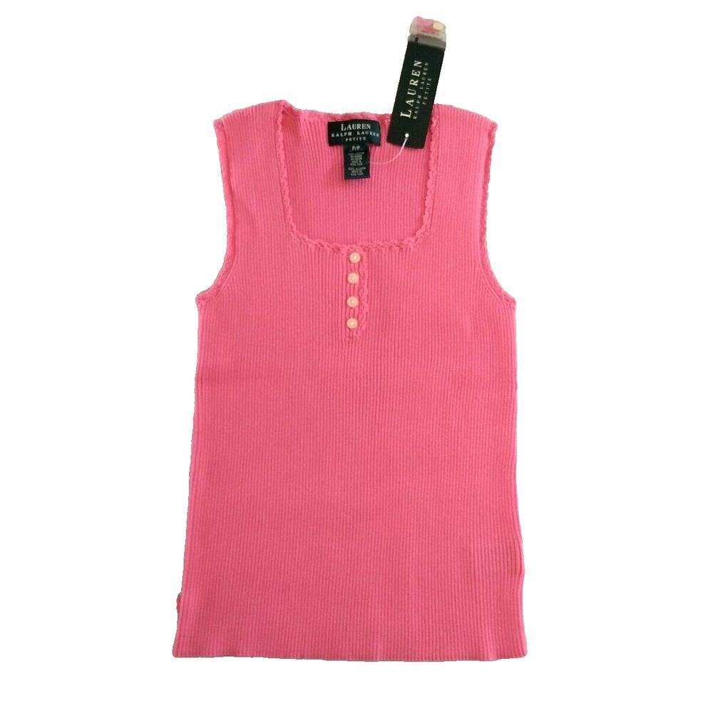 Lauren Ralph Lauren Ribbed Tank Top Pink Womens Petite P/P Crochet Neck Arm NWT